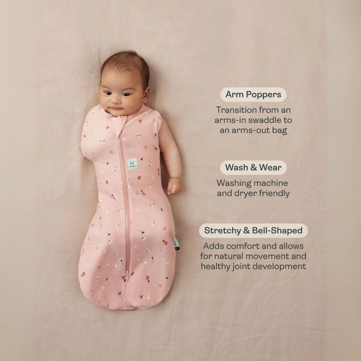Baby in a pink swaddle with text describing its features on a beige background