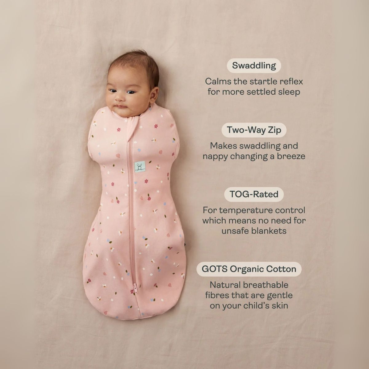 Baby swaddled in a pink organic cotton swaddle with text highlighting features on a beige background